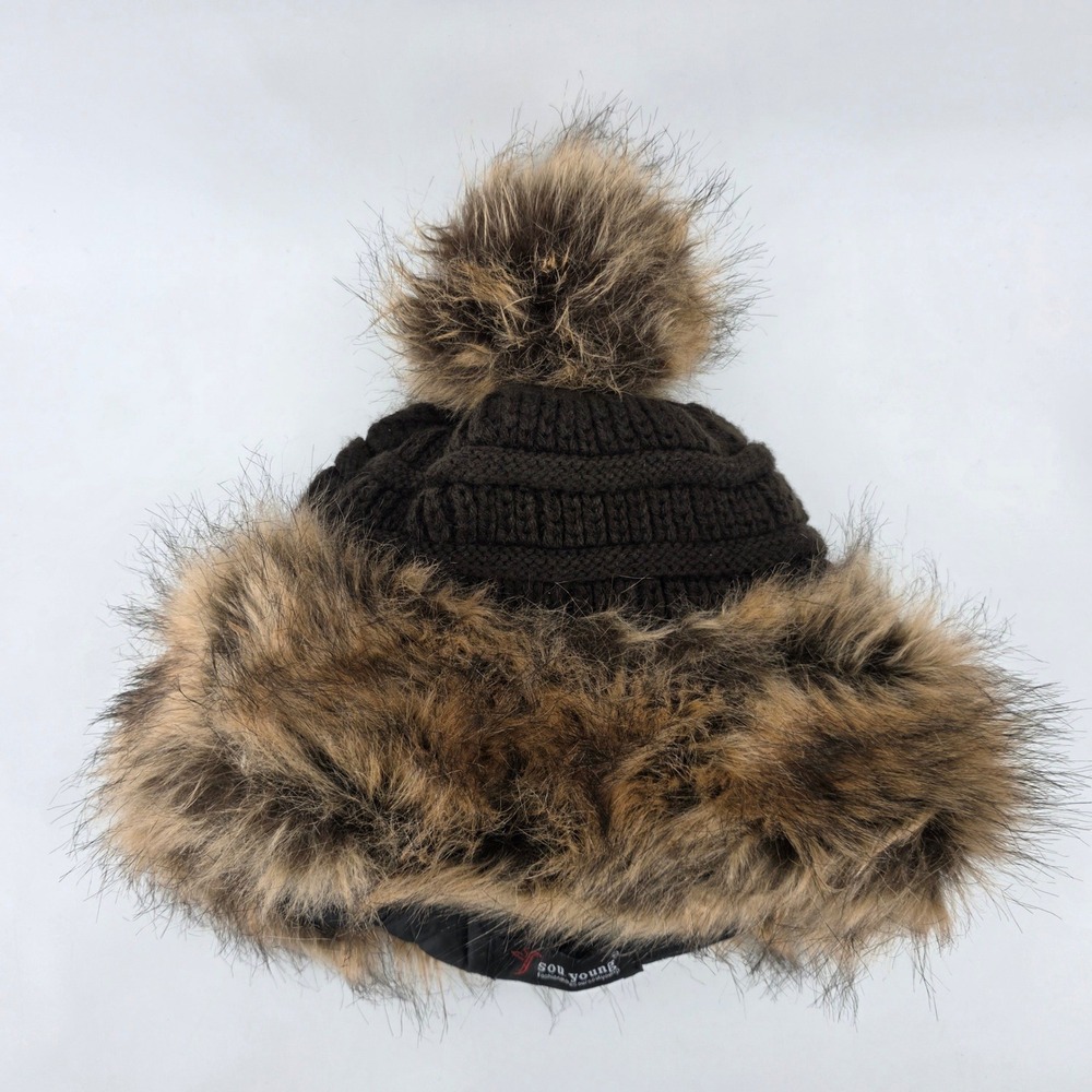 Soul Young Womens Brown Cable Knit Faux Fur Trapper Hat Pom Pom Beanie Preppy
